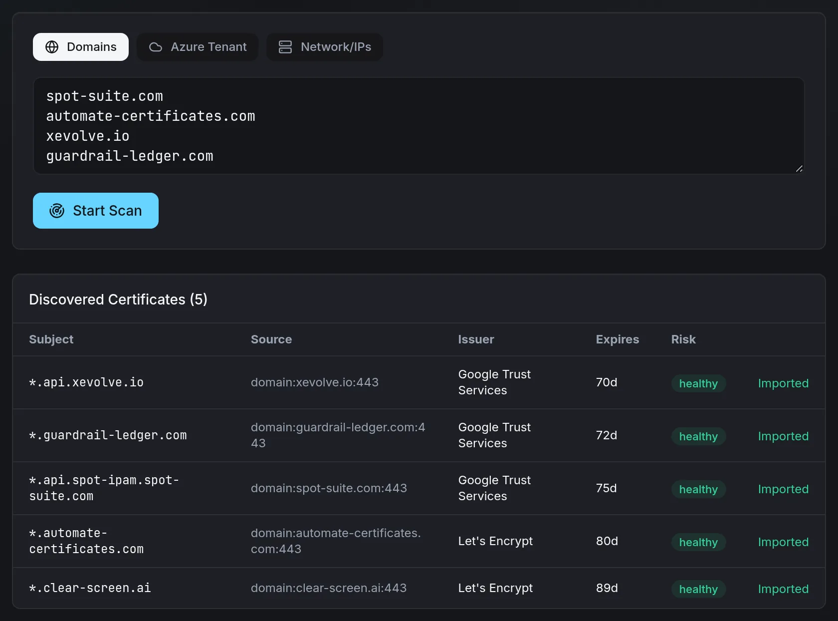 Automate Certificates discovery: domains entered for a scan and five certificates found, each with issuer and expiry