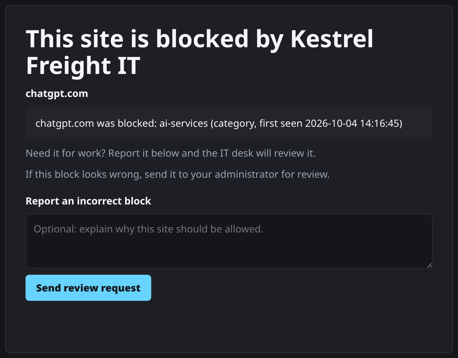 ClearScreen block page: This site is blocked by Kestrel Freight IT, for chatgpt.com in the ai-services category, with a Send review request button