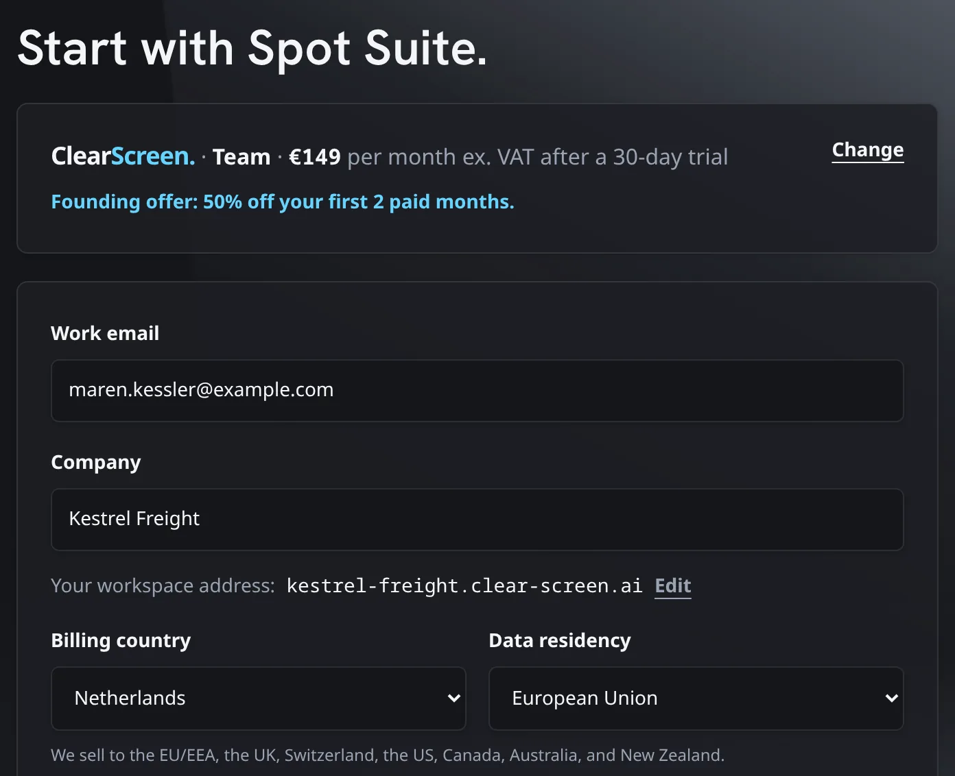 Spot Suite buy page for ClearScreen Team with a work email, company, workspace address and data residency filled in