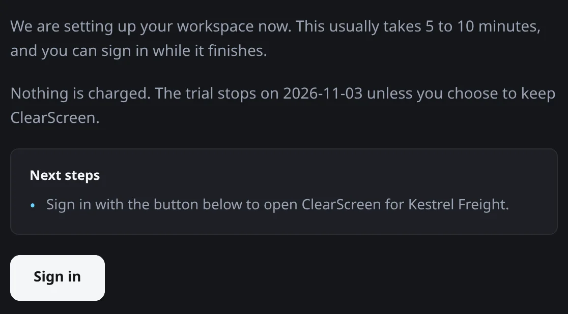 Welcome email: setup takes 5 to 10 minutes, nothing is charged during the trial, and a Sign in button