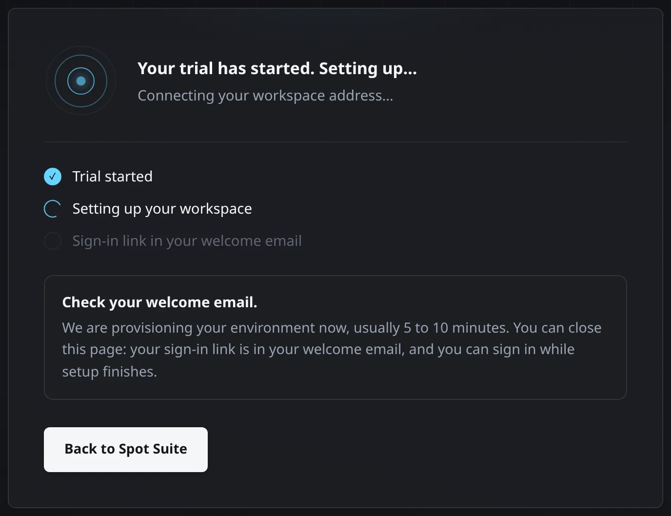 Setup page after checkout: the trial has started and the workspace is being set up