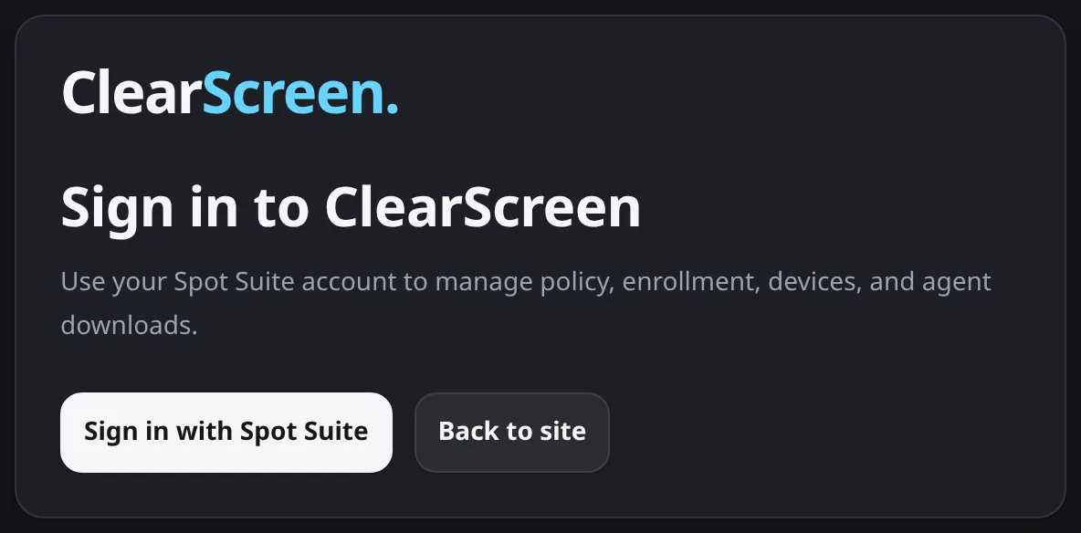 ClearScreen sign-in page with a Sign in with Spot Suite button