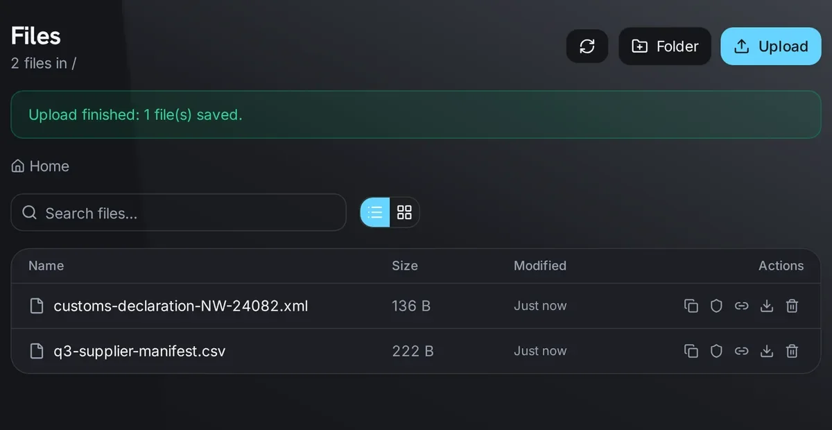 xEvolve Files page after an upload, with the upload confirmed and a sample file listed